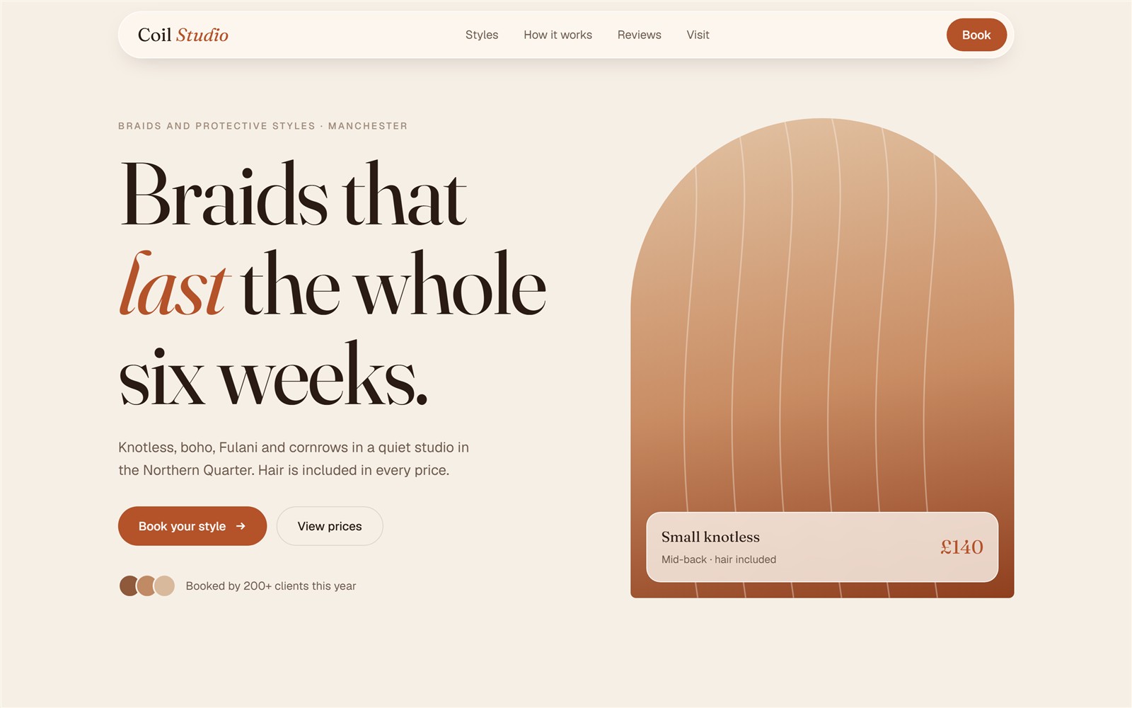 Screenshot of the Coil Studio concept site: cream and terracotta braider homepage