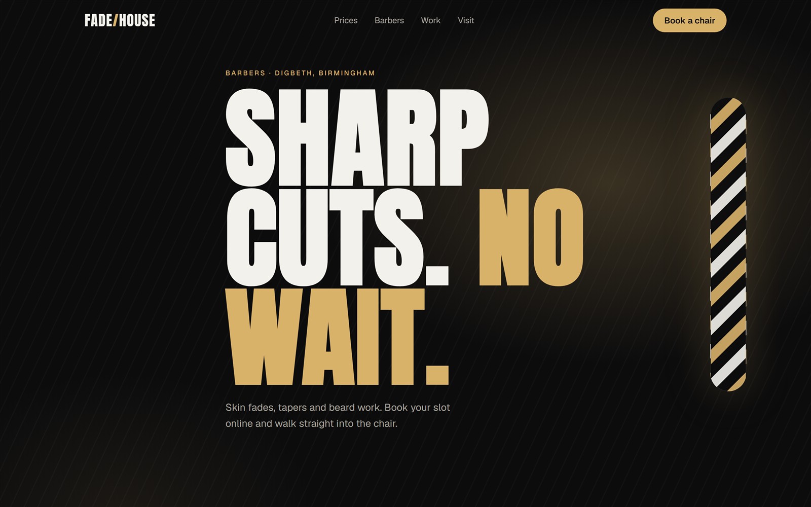 Screenshot of the Fade House concept site: black and gold barbershop homepage