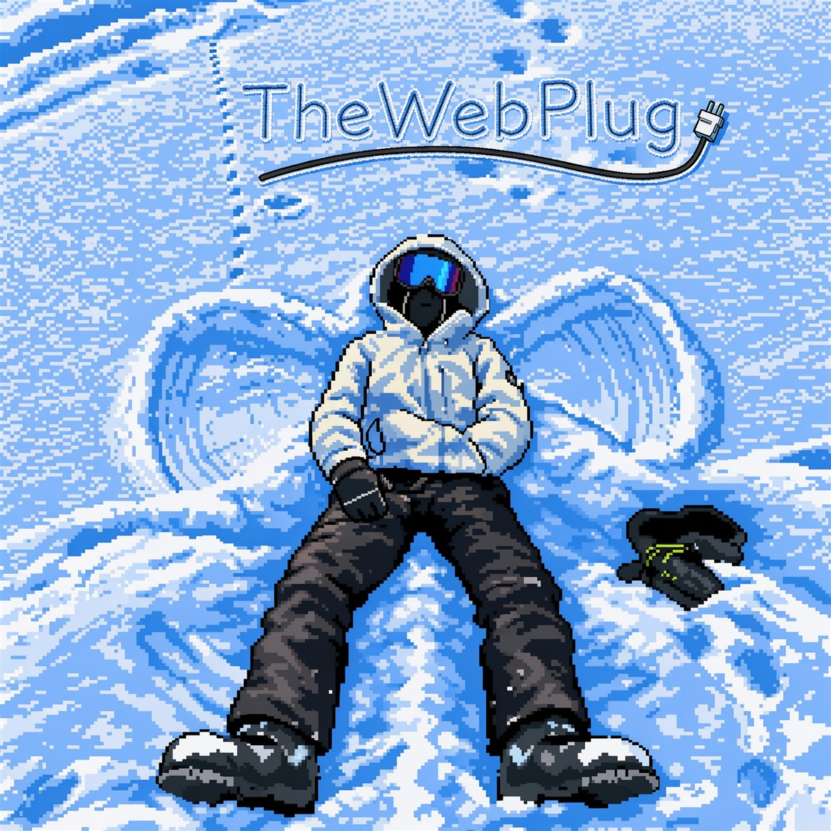 Pixel art of a figure in a white puffer hoodie and ski goggles lying in the snow, with TheWebPlug written in the snow above